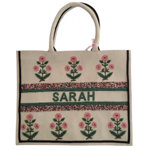 Raspberry Peony Beaded Large Tote (Made to Order)